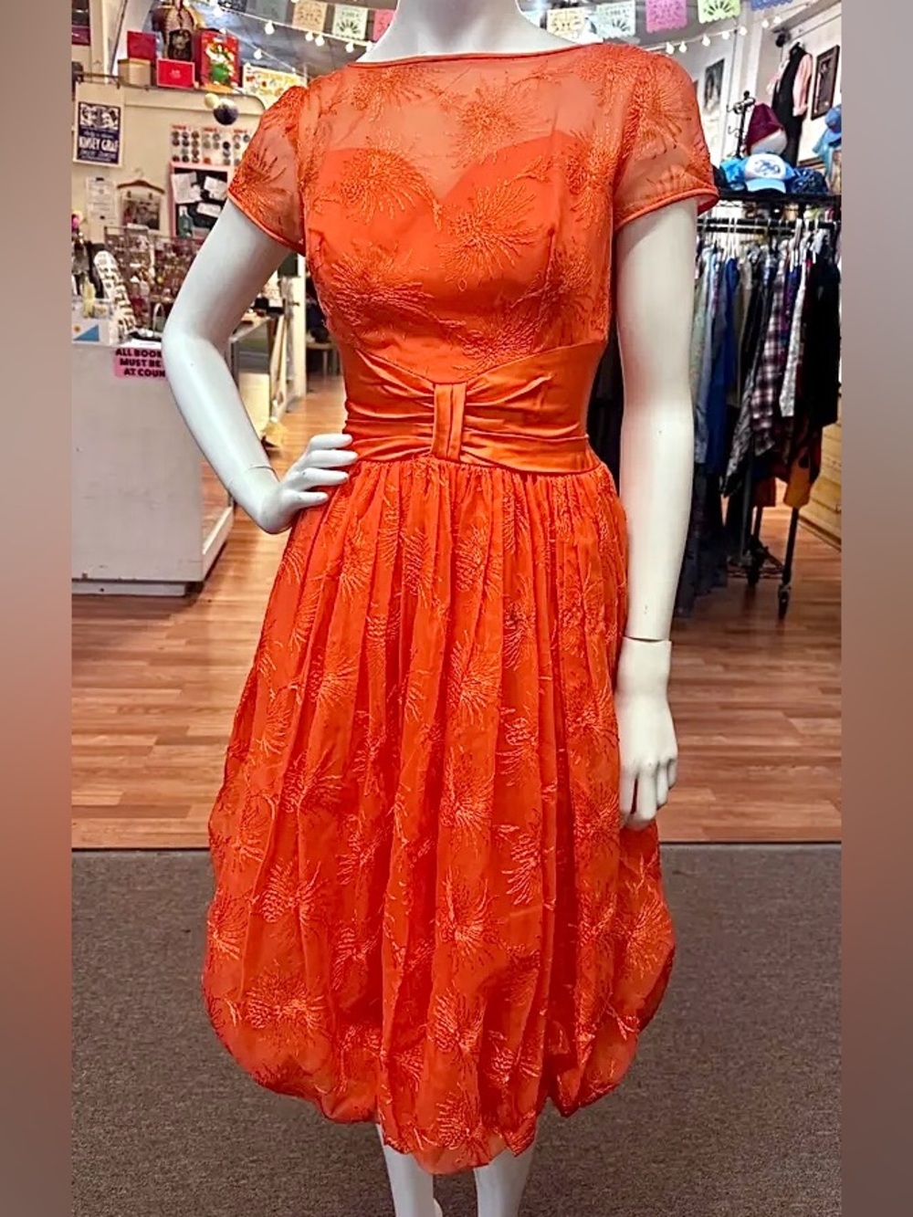 1950s Juniors Orange Embroidered Party Cocktail Dress AS IS XXS XS Bubble Skirt